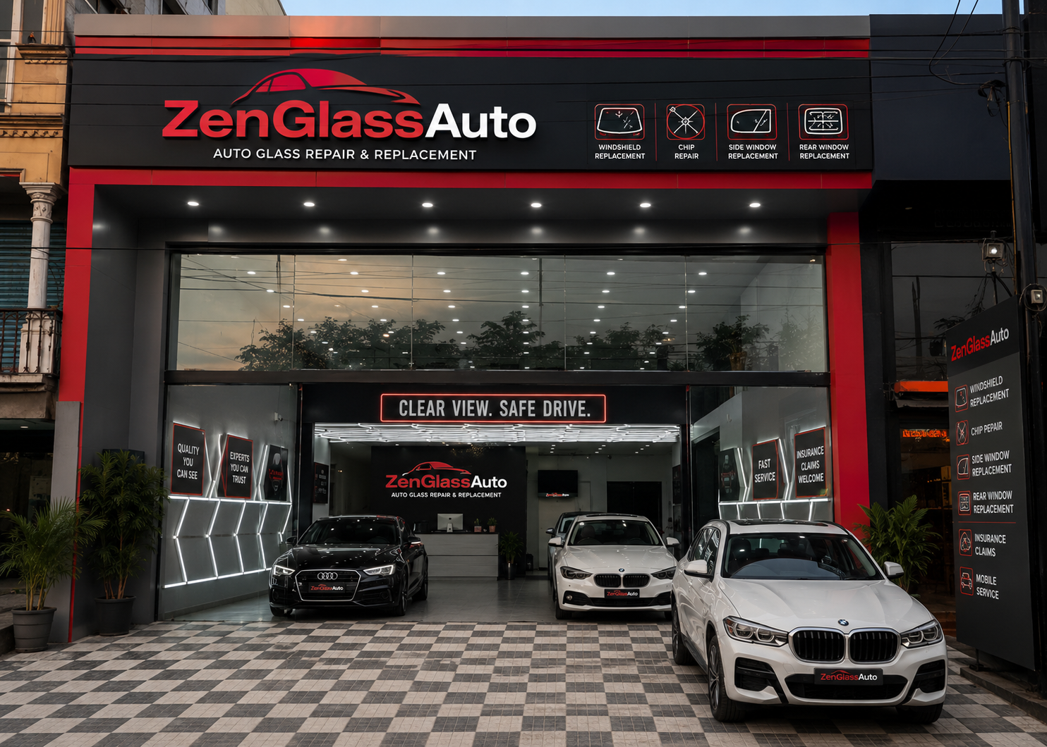 ZenGlassAuto Auto Glass Repair & Replacement Service Center Modern ZenGlassAuto auto glass repair and replacement shop featuring a premium storefront, large glass facade, professional branding, customer reception area, and service bays for windshield replacement, chip repair, and vehicle glass replacement.