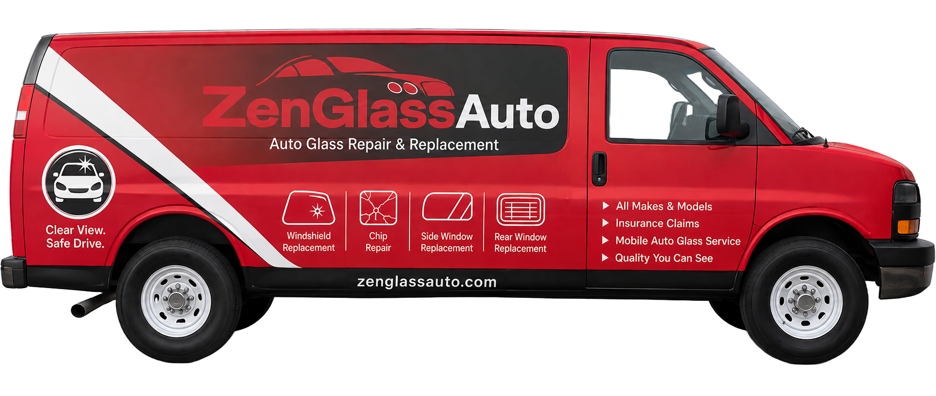 ZenGlassAuto Mobile Auto Glass Repair & Replacement Service Van Red ZenGlassAuto mobile auto glass repair and replacement service van with professional vehicle wrap branding, featuring windshield replacement, chip repair, side window replacement, rear window replacement, insurance claims assistance, and mobile auto glass services.